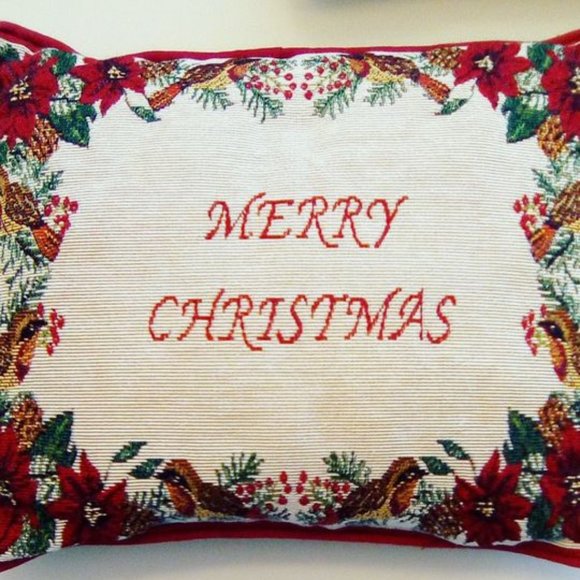 VTG set of 3 Christmas tapestry pillows cat, santa, poinsettia red green - Picture 2 of 9